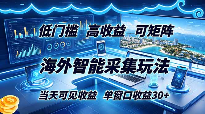 海外智能采集玩法，低门槛高单价可矩阵，当天可见收益，单窗口30+-hl998