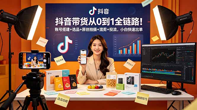 抖音带货从0到1全链路！账号搭建+选品+原创拍摄+混剪+投流，小白快速出单-hl998