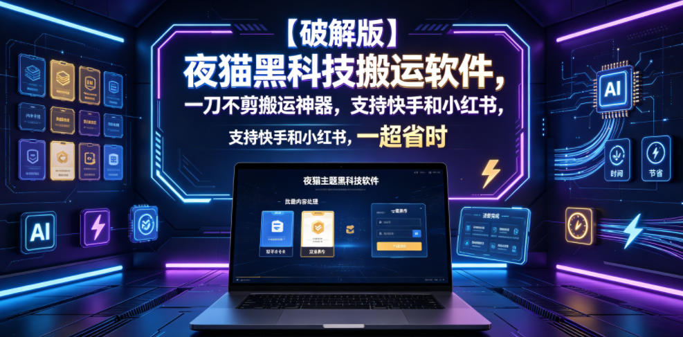 【破解版】夜猫黑科技搬运软件，一刀不剪搬运神器，支持快手和小红书，一键搬运超省时！-hl998