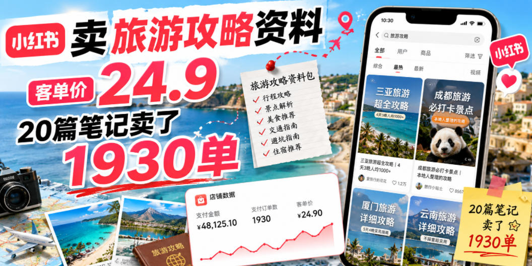 小红书卖旅游攻略资料，客单价24.9，20篇笔记卖了1930单！-hl998