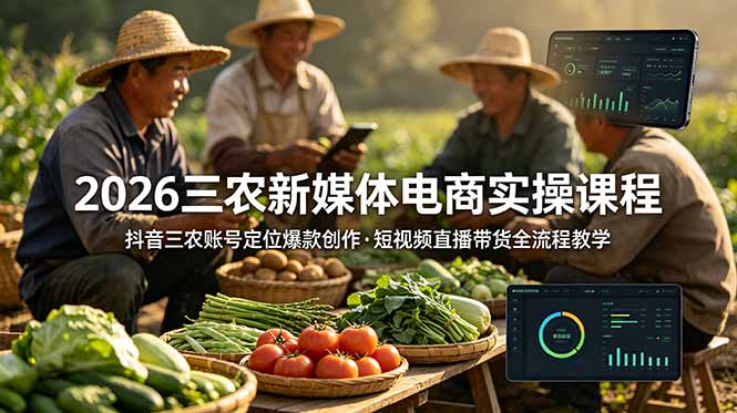 2026三农新媒体电商实操课程：抖音三农账号定位爆款创作，短视频直播带货全流程教学-hl998