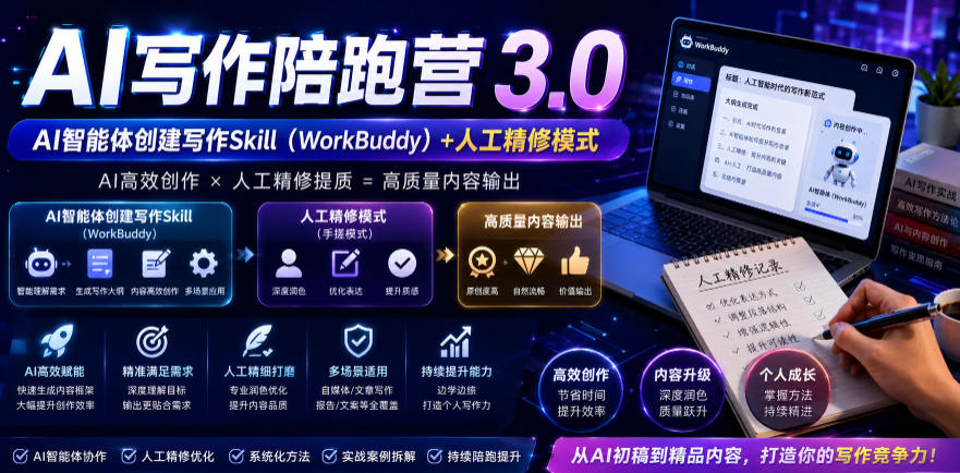 AI写作陪跑营3.0，Ai智能体创建写作skill(workbuddy)+人工手写模式(手搓模式)，去除AI痕迹(头条号、公众号、百家号)-hl998