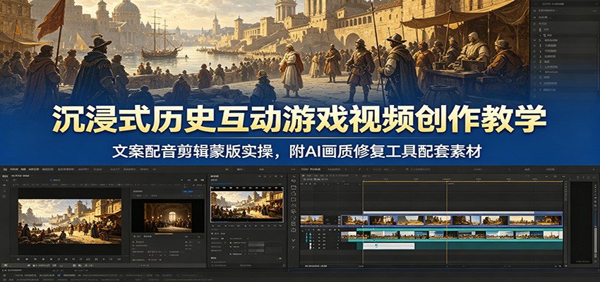 沉浸式历史互动游戏视频创作教学：文案配音剪辑蒙版实操，附AI画质修复工具配套素材-hl998