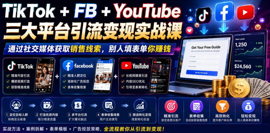 TikTok+FB+YouTube三大平台引流变现实战课，通过社交媒体获取销售线索，别人填表单你賺钱【原创双语字幕】-hl998