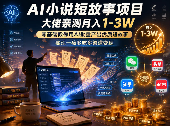 AI小说短故事项目，大佬亲测月入1-3W，零基础教你用AI批量产出优质短故事，实现一稿多吃多渠道变现(更新0624)-hl998