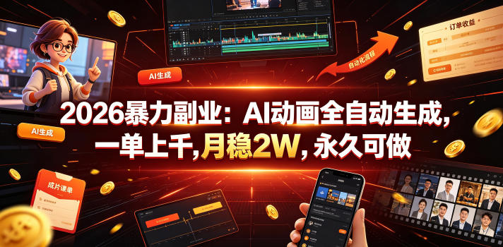 2026暴力副业：AI动画全自动生成，一单上千，月稳2W，永久可做【揭秘】-hl998