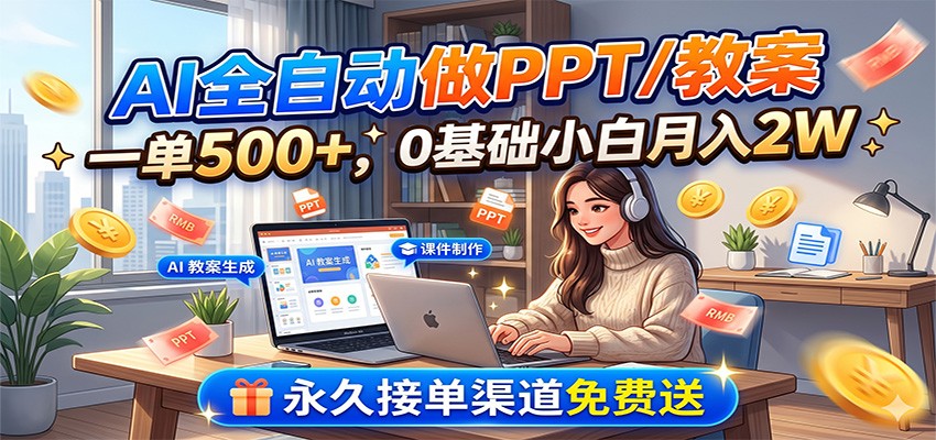 AI全自动做PPT/教案，一单500+，0基础小白月入2W，永久接单渠道免费送-hl998