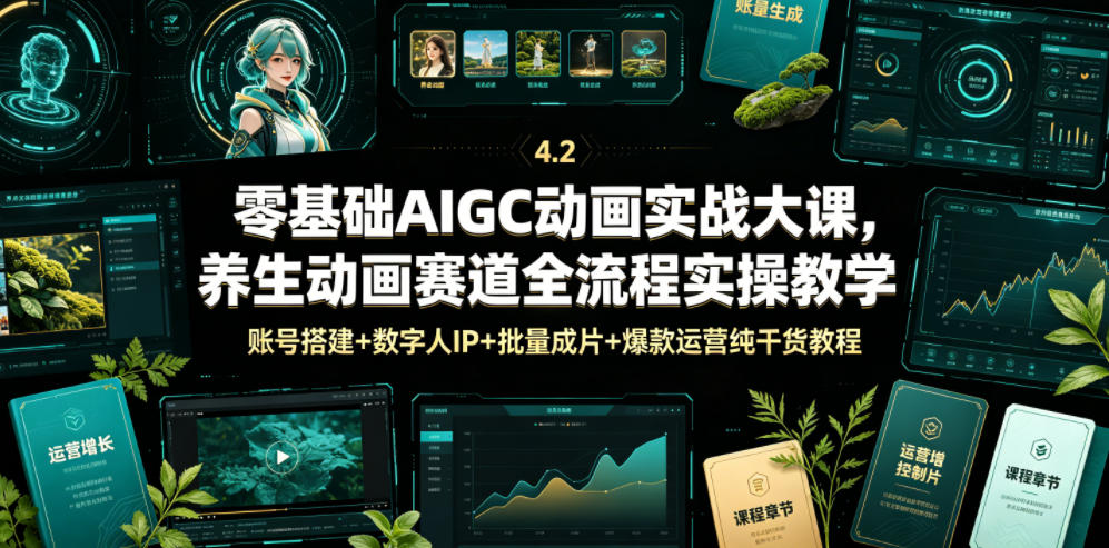 零基础AIGC动画实战大课，养生动画赛道全流程实操教学，账号搭建+数字人IP+批量成片+爆款运营纯干货教程-hl998