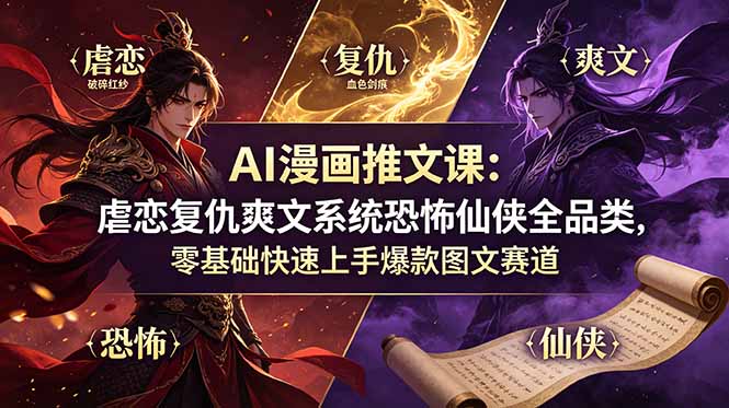 AI漫画推文课：虐恋复仇爽文系统恐怖仙侠全品类，零基础快速上手爆款图文赛道-hl998
