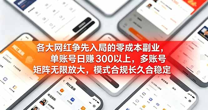 各大网红争先入局的零成本副业，单账号日赚 300 以上，多号矩阵可放大，模式合规长久稳定！-hl998
