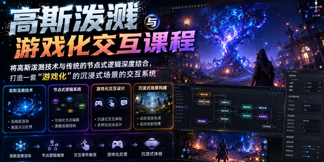 高斯泼溅与游戏化交互课程，将高斯泼溅技术与传统的节点式逻辑深度结合，打造一套“游戏化”的沉浸式场景的交互系统-hl998