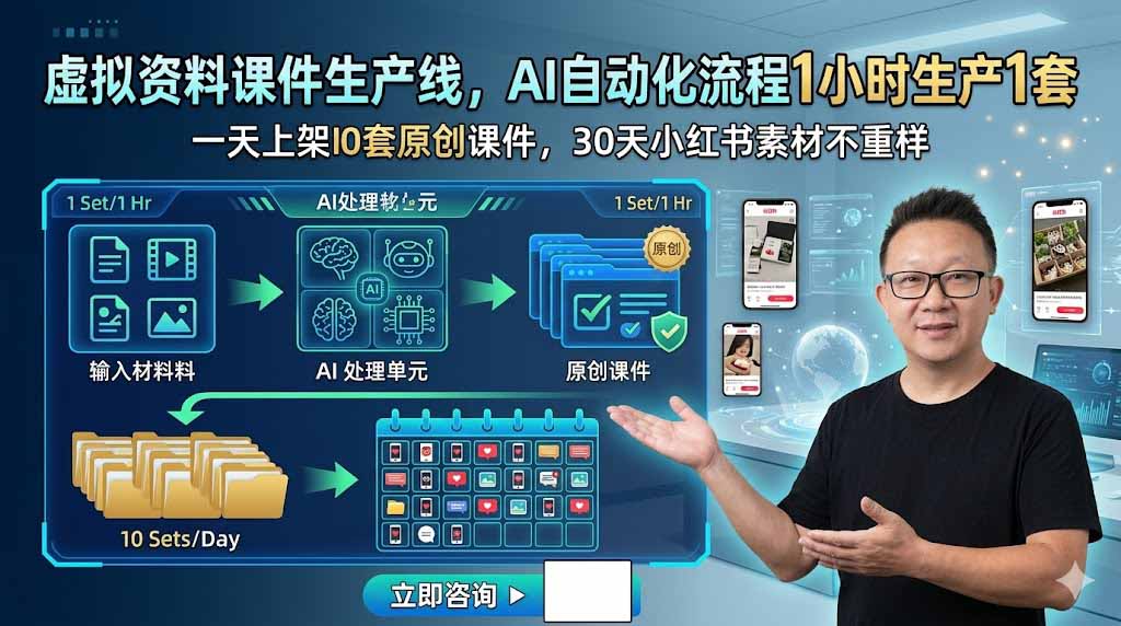 虚拟资料课件生产线，AI自动化流程1小时生产1套，一天上架10套原创课件，30天小红书素材不重样-hl998