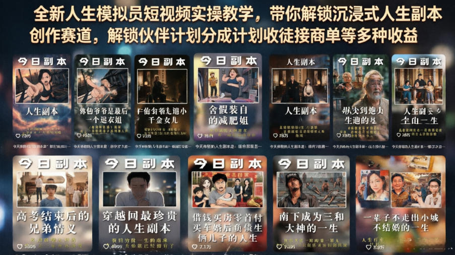 全新人生模拟员短视频实操教学，带你解锁沉浸式人生副本创作赛道，解锁伙伴计划分成计划收徒接商单等多种收益-hl998