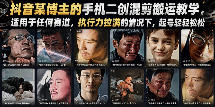 抖音某博主的手机二创混剪搬运教学，适用于任何赛道，执行力拉满的情况下，起号轻轻松松-hl998