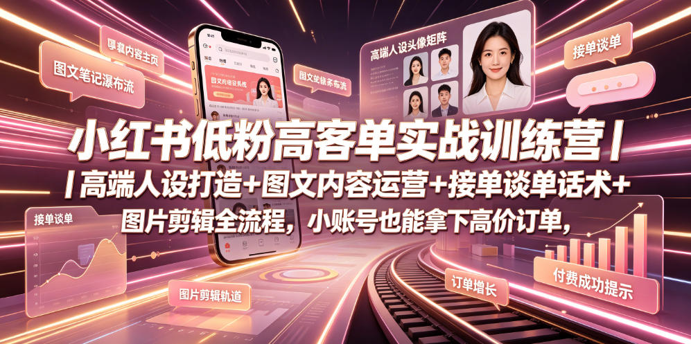 小红书低粉高客单实战训练营｜高端人设打造+图文内容运营+接单谈单话术+图片剪辑全流程，小账号也能拿下高价订单-hl998
