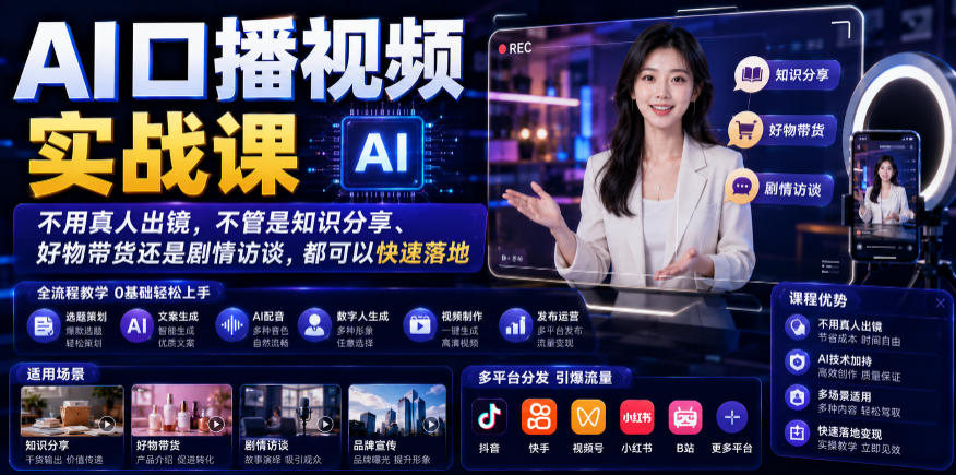 AI口播视频实战课，不用真人出镜，不管是知识分享、好物带货还是剧情访谈，都可以快速落地-hl998