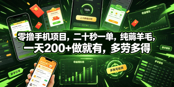 零撸手机项目，二十秒一单，纯薅羊毛，一天200+做就有，多劳多得【揭秘】-hl998