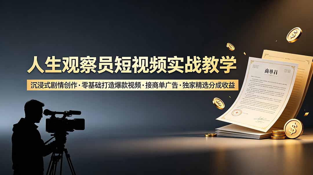 人生观察员短视频实战教学，沉浸式剧情创作，零基础打造爆款视频，接商单广告，独家精选分成收益-hl998