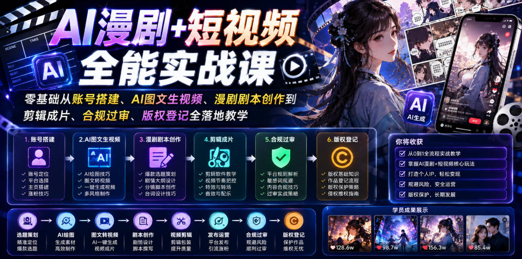 AI漫剧+短视频全能实战课｜零基础从账号搭建、AI图文生视频、漫剧剧本创作到剪辑成片、合规过审、版权登记全落地教学-hl998