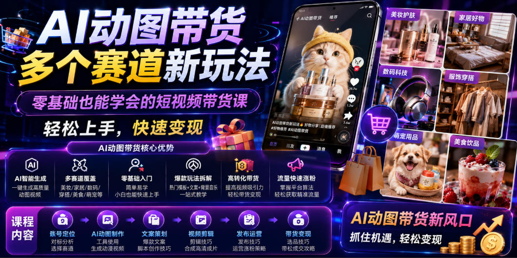 AI动图带货多个赛道新玩法，零基础也能学会的短视频带货课，轻松上手，快速变现-hl998