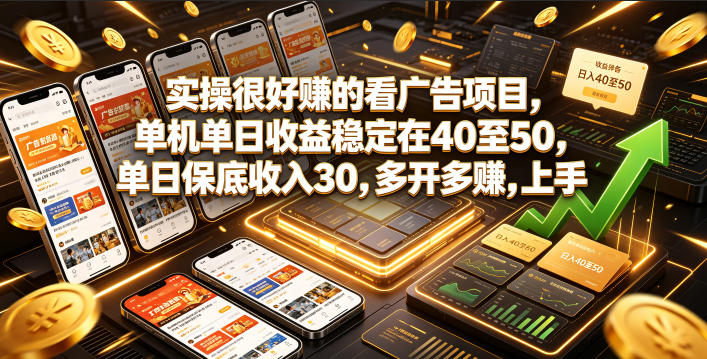 实操很好賺的看广告项目，单机单日收益稳定在40至50，单日保底收入30，多开多賺，上手就能变现【揭秘】-hl998