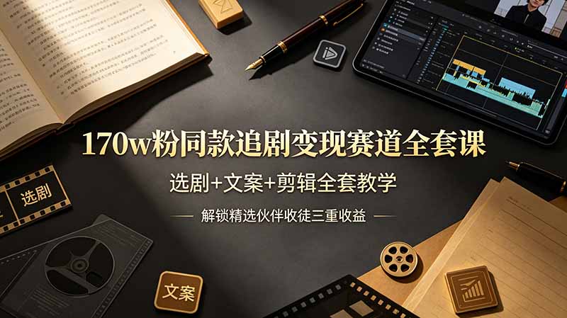 170w粉博主同款追剧变现赛道全套课，选剧+文案+剪辑全套教学，解锁精选伙伴收徒三重收益-hl998