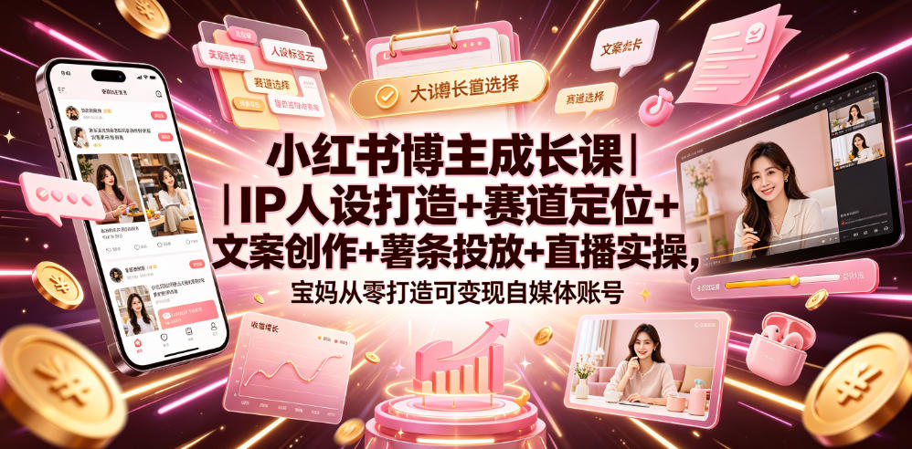 小红书博主成长课｜IP人设打造+赛道定位+文案创作+薯条投放+直播实操，宝妈从零打造可变现自媒体账号-hl998