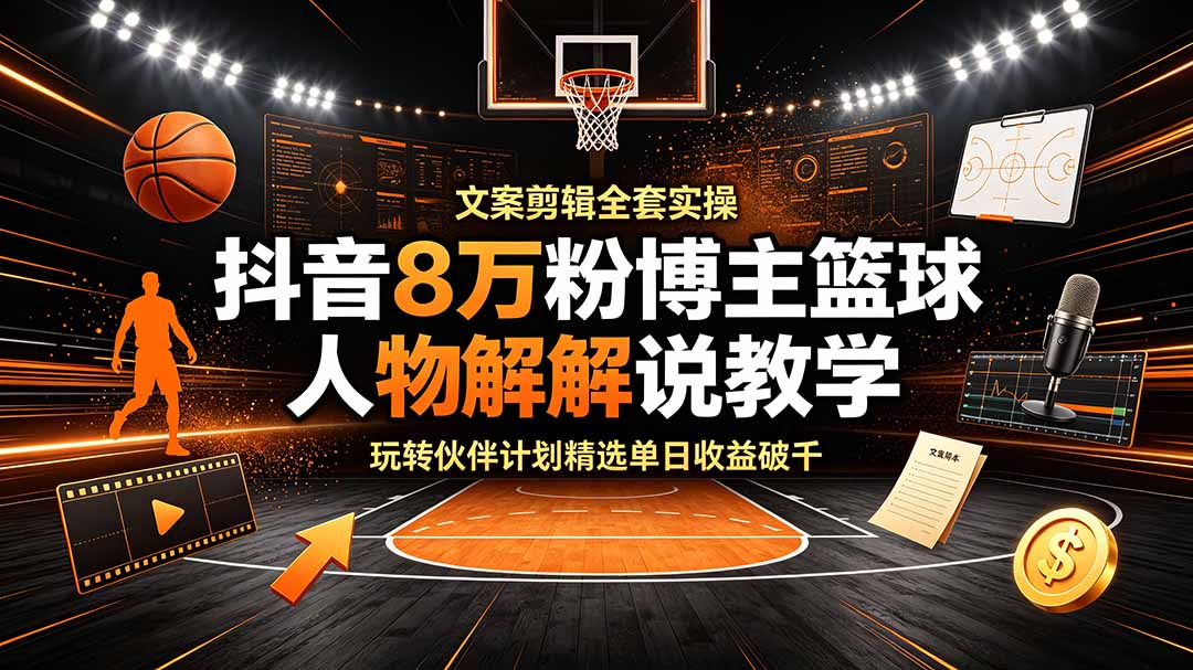 抖音8万粉博主篮球人物解说教学，文案剪辑全套实操，玩转伙伴计划精选单日收益破千-hl998