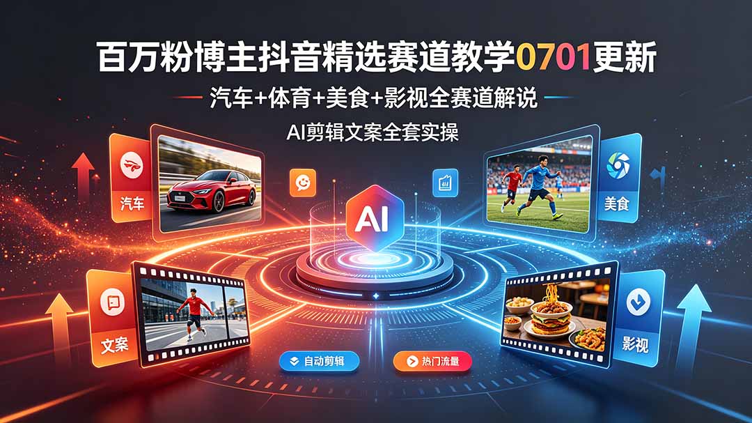 百万粉博主抖音精选赛道教学-0701更新，汽车+体育+美食+影视全赛道解说，AI剪辑文案全套实操-hl998