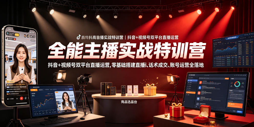 全能主播实战特训营｜抖音+视频号双平台直播运营，零基础搭建直播间、精准选品、话术成交、账号运营全落地-hl998