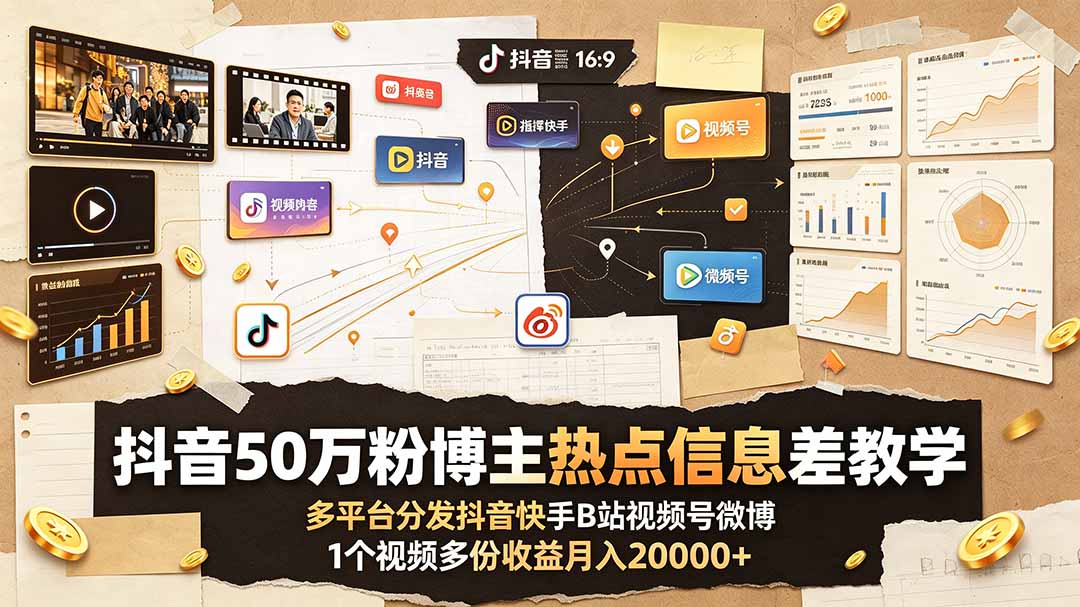 抖音50万粉博主热点信息差教学：多平台分发抖音快手B站视频号微博，1个视频多份收益月入20000+-hl998