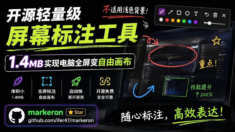 开源轻量级屏幕标注工具，1.4MB实现电脑全屏变自由画布！支持8种标注工具和全键盘操控MarkerOn-hl998