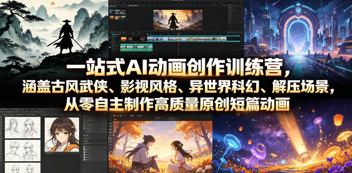 一站式AI动画创作训练营，涵盖古风武侠、影视风格、异世界科幻、解压场景，从零自主制作高质量原创短篇动画-hl998