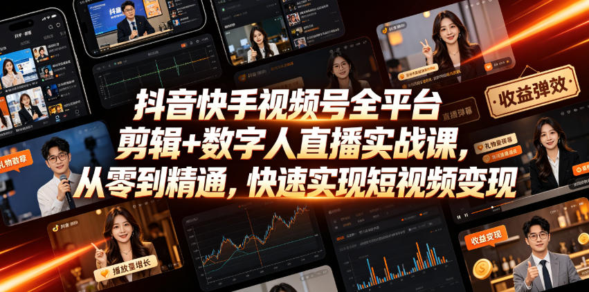 抖音快手视频号全平台剪辑+数字人直播实战课，从零到精通，快速实现短视频变现(更新2026年6月)​-hl998