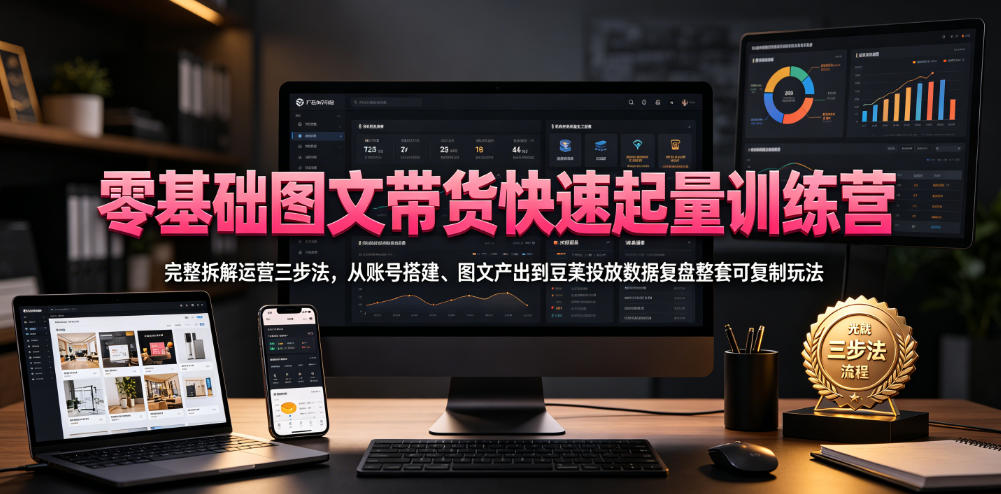 零基础图文带货快速起量训练营，完整拆解运营三步法，从账号搭建、图文产出到豆荚投放数据复盘整套可复制玩法-hl998