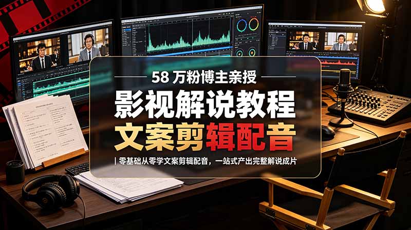 58 万粉博主荧幕春秋亲授影视解说教程｜零基础从零学文案剪辑配音，一站式产出完整解说成片-hl998