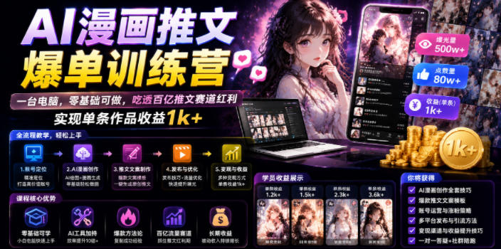AI漫画推文爆单训练营，一台电脑，零基础可做，吃透百亿推文赛道红利，实现单条作品收益1k+-hl998