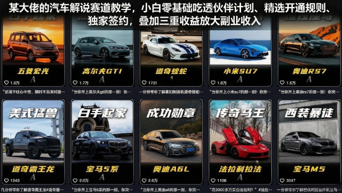 某大佬的汽车解说赛道教学，小白零基础吃透伙伴计划、精选开通规则、独家签约，叠加三重收益放大副业收入-hl998