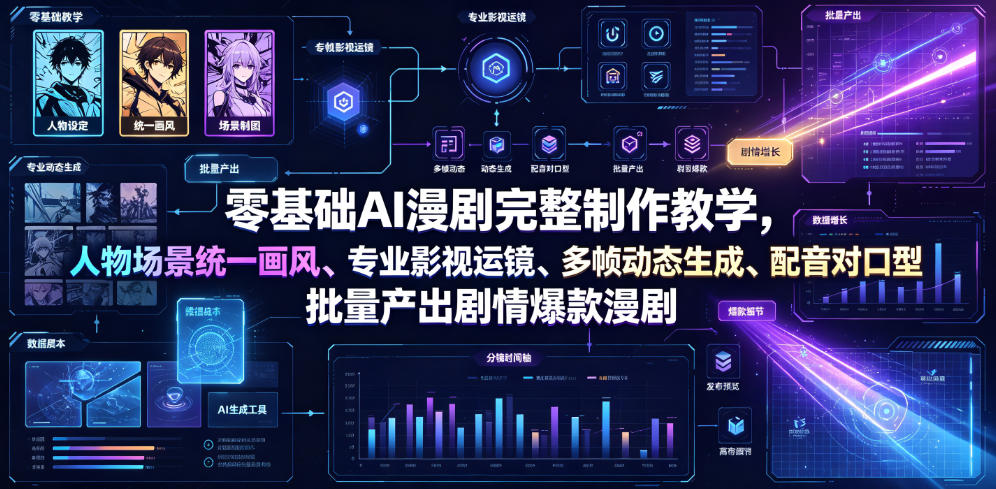 零基础AI漫剧完整制作教学，人物场景统一画风、专业影视运镜、多帧动态生成、配音对口型，批量产出剧情爆款漫剧-hl998