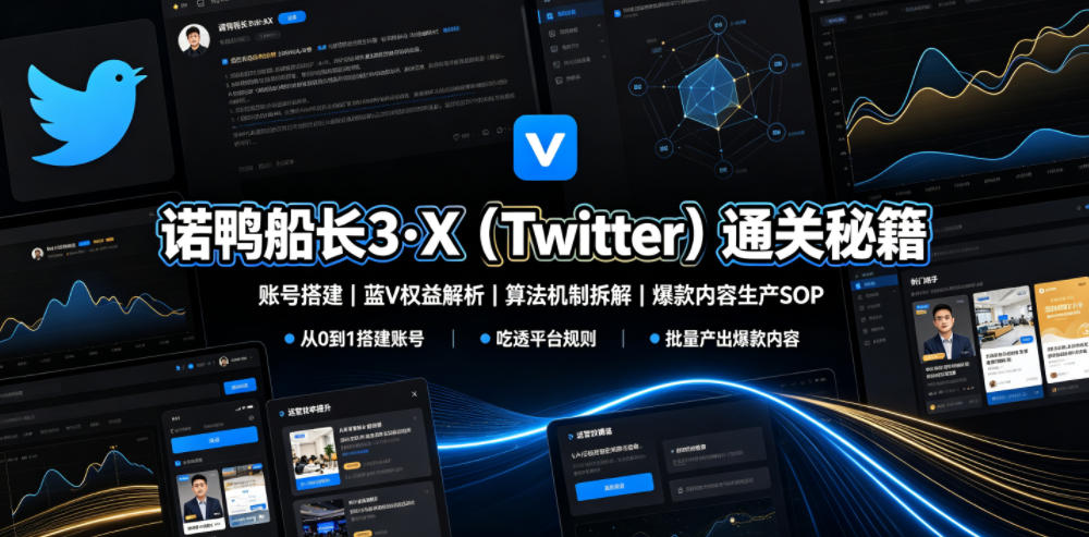 诺鸭船长3·X(Twitter)通关秘籍，涵盖账号搭建、蓝V权益解析、算法机制拆解及爆款内容生产SOP-hl998