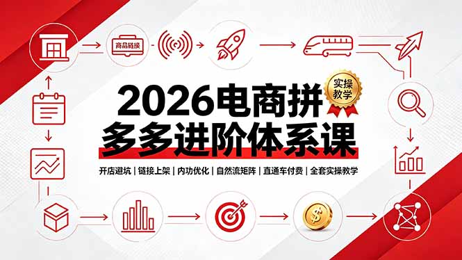 2026电商拼多多进阶体系课，开店避坑，链接上架，内功优化，自然流矩阵｜直通车付费｜全套实操教学-hl998