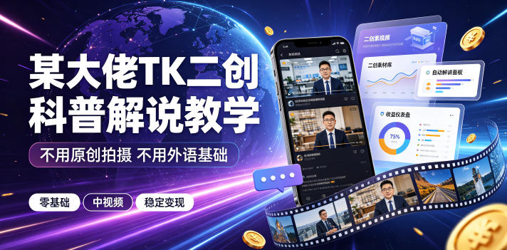 某大佬TK二创科普解说教学，不用原创拍摄不用外语基础，零基础做TikTok中视频稳定变现-hl998