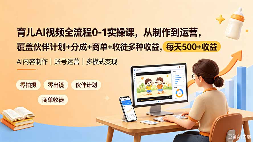 育儿AI视频全流程0-1实操课，从制作到运营，覆盖伙伴计划+分成+商单+收徒多种收益，每天500+收益-hl998