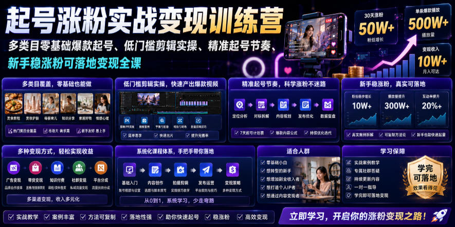 苗子起号涨粉实战变现训练营，多类目零基础爆款起号、精准起号节奏、新手稳涨粉可落地变现全课-hl998