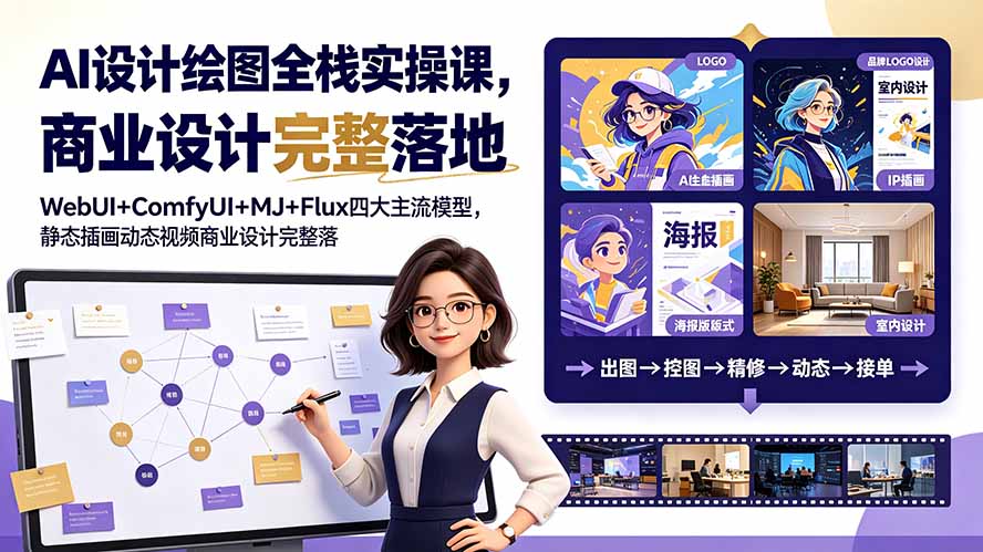 AI设计绘图全栈实操课，WebUI+ComfyUI+MJ+Flux四大主流模型，静态插画动态视频商业设计完整落地教程-hl998