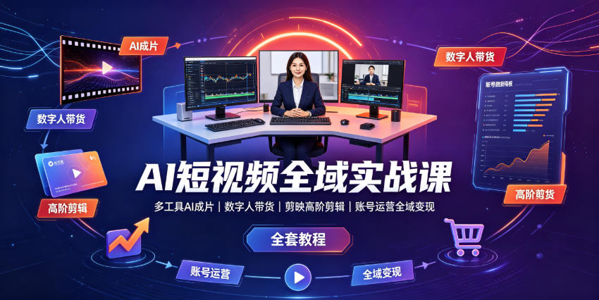 AI短视频全域实战课｜多工具AI成片、数字人带货、剪映高阶剪辑、账号运营全域变现全套教程-hl998
