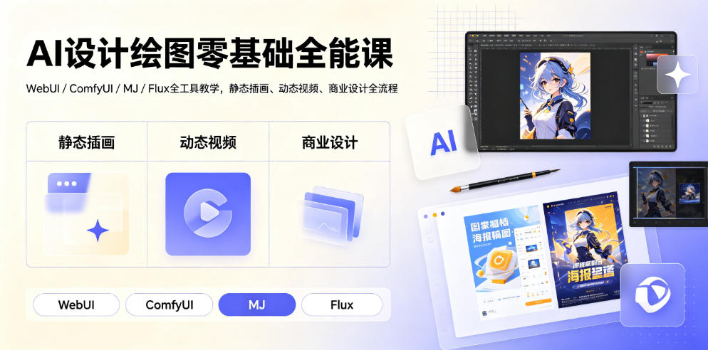 AI设计绘图零基础全能课｜WebUI/ComfyUI/MJ/Flux全工具教学，静态插画、动态视频、商业设计全流程-hl998