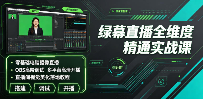 绿幕直播全维度精通实战课｜零基础电脑抠像直播、OBS高阶调试、多平台高清开播、直播间视觉美化落地教程-hl998
