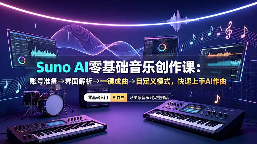 Suno AI零基础音乐创作课：账号准备→界面解析→一键成曲→自定义模式，快速上手AI作曲-hl998