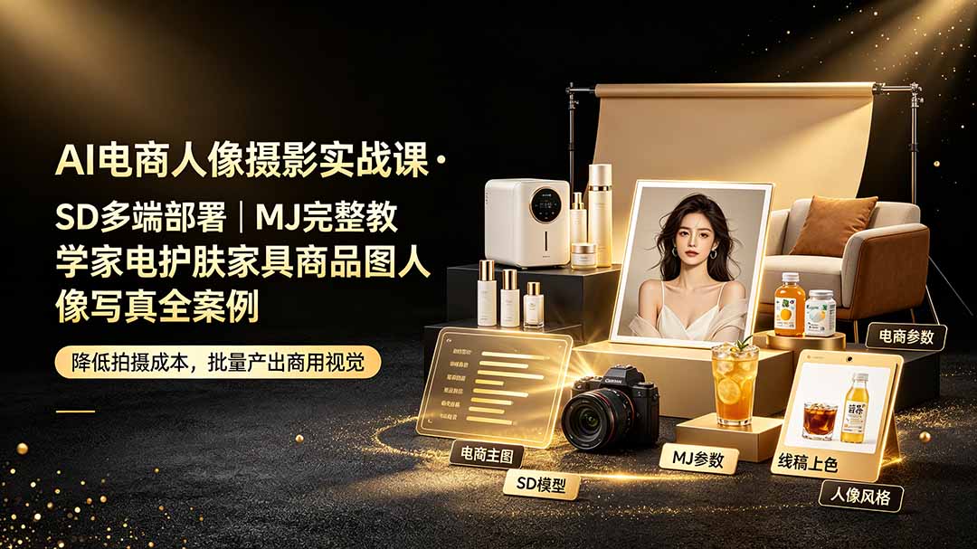 AI电商人像摄影实战课·SD多端部署｜MJ完整教学｜家电护肤家具商品图人像写真全案例-hl998